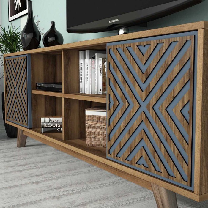 Hanah Home Mueble de TV Nogal y Azul con Estantería